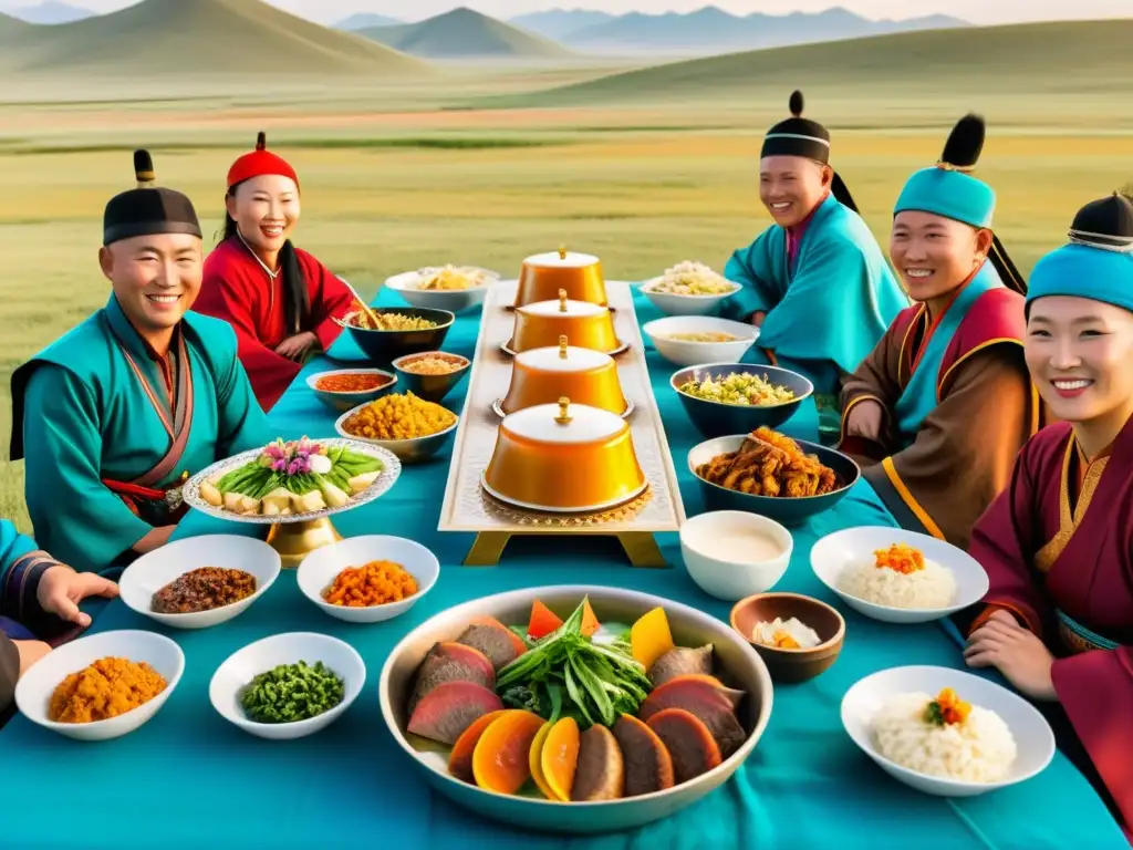 Banquete tradicional en el Imperio Mongol, con bebidas y comida típica, en la majestuosa estepa