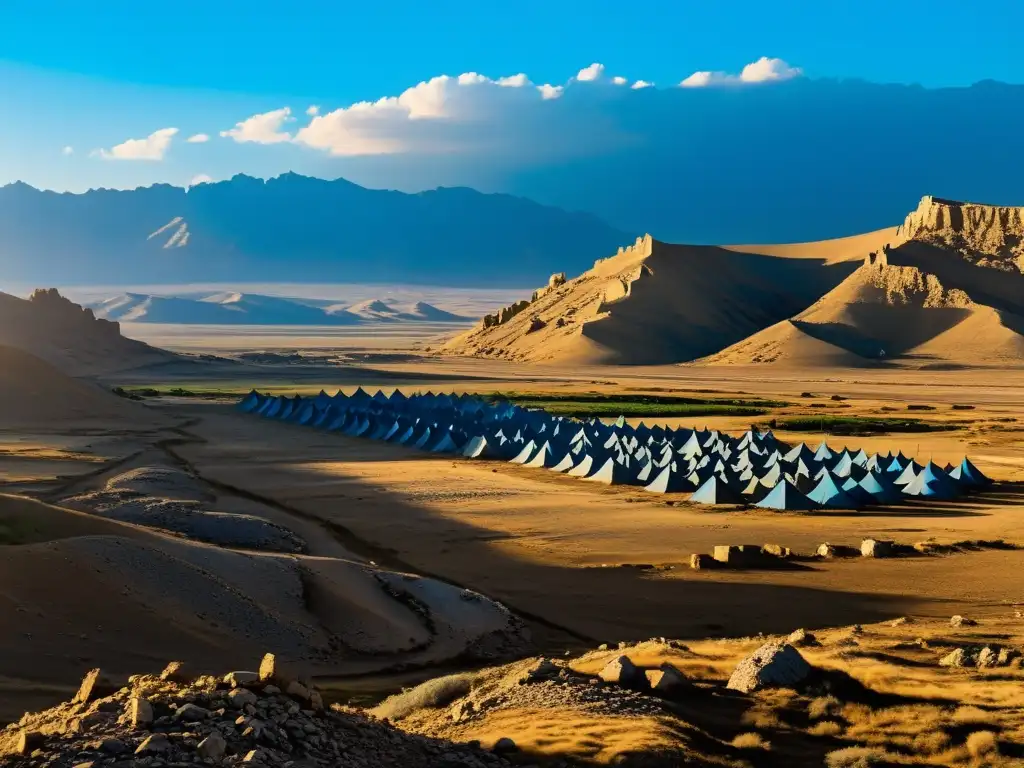 Expansión mongola y batalla Ain Jalut: paisaje agreste con ruinas antiguas, campamento mongol abandonado y sombras dramáticas