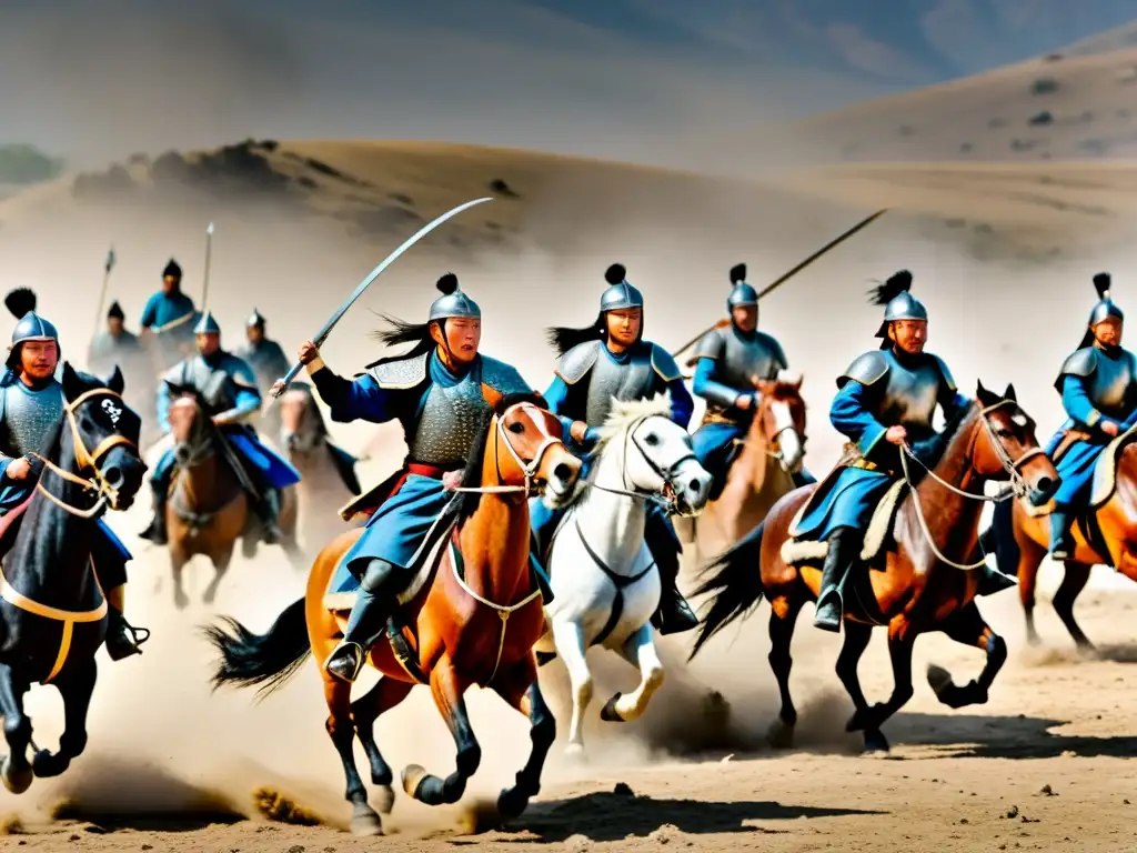 Batalla épica con armamento mongol en Europa, mostrando la ferocidad de la carga y el impacto en el campo de batalla