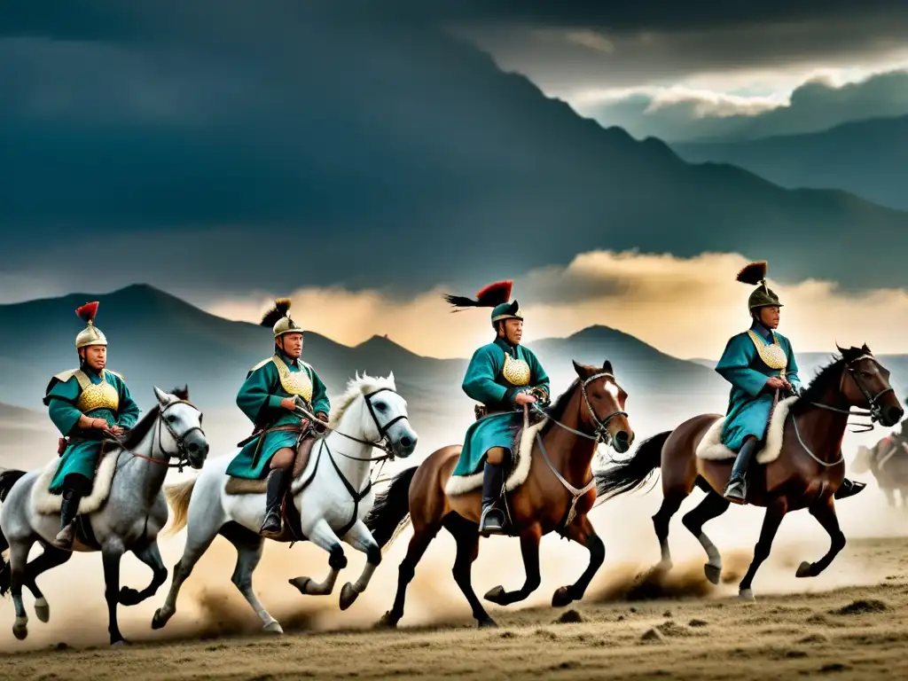 Batalla épica en campo mongol, con guerreros a caballo librando intensa lucha bajo un cielo dramático