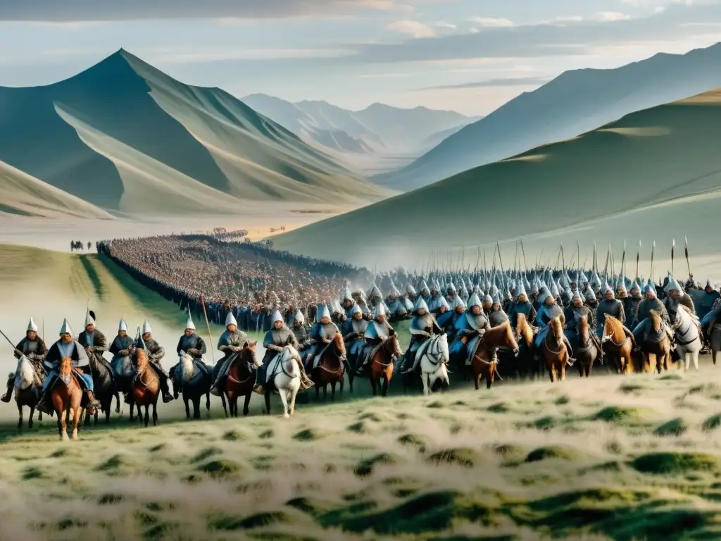 Batalla épica: ejército mongol en Europa, listo para la conquista bajo el cálido atardecer