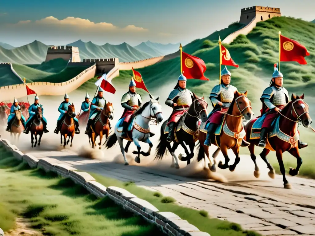 Batalla épica: ejército mongol a caballo se dirige hacia la Gran Muralla China durante la expansión mongola en China historia