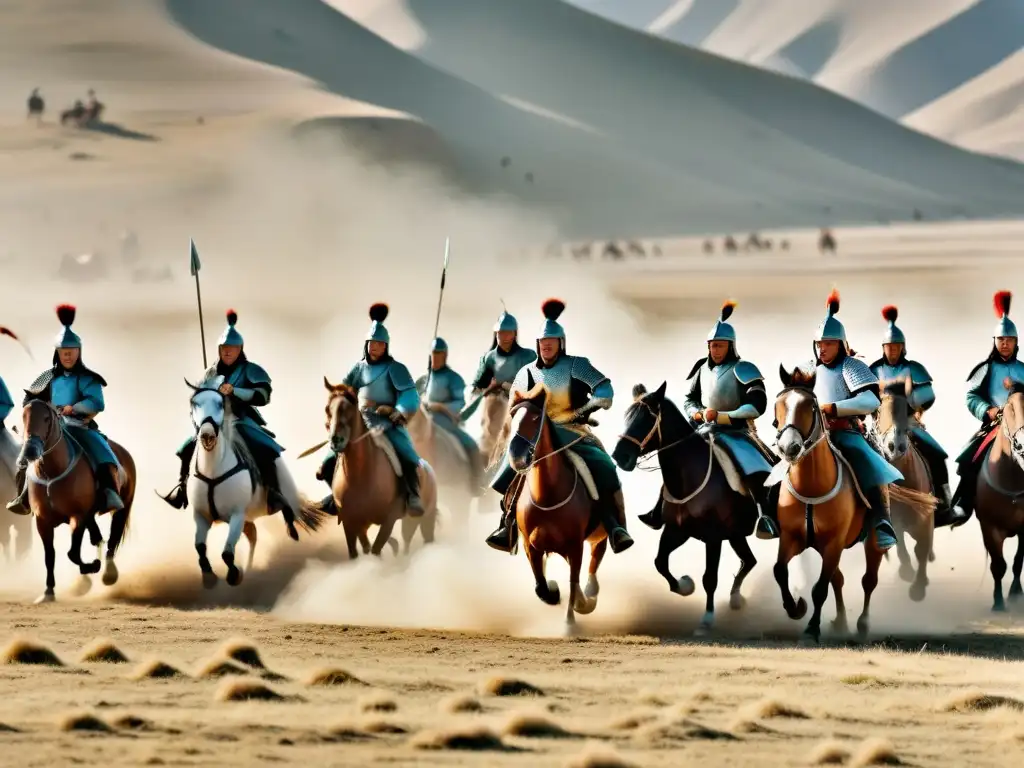 Batalla épica de la estrategia militar de Gengis Khan en la llanura, con guerreros mongoles en caballos en plena lucha y polvo