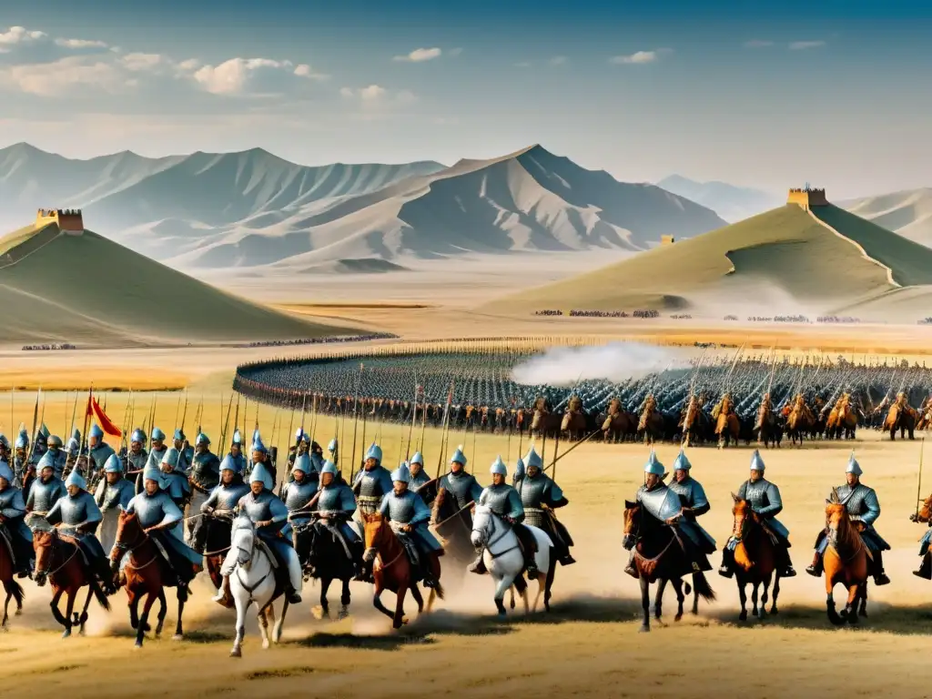 Batalla épica con tecnología militar del Imperio Mongol y sus adversarios, mostrando intensidad y tácticas de combate