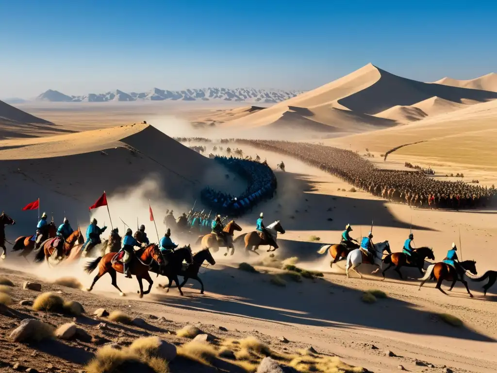 La batalla de Ain Jalut Mongol cobra vida en un campo de batalla ardiente, con guerreros a caballo luchando en medio del caos y las sombras alargadas