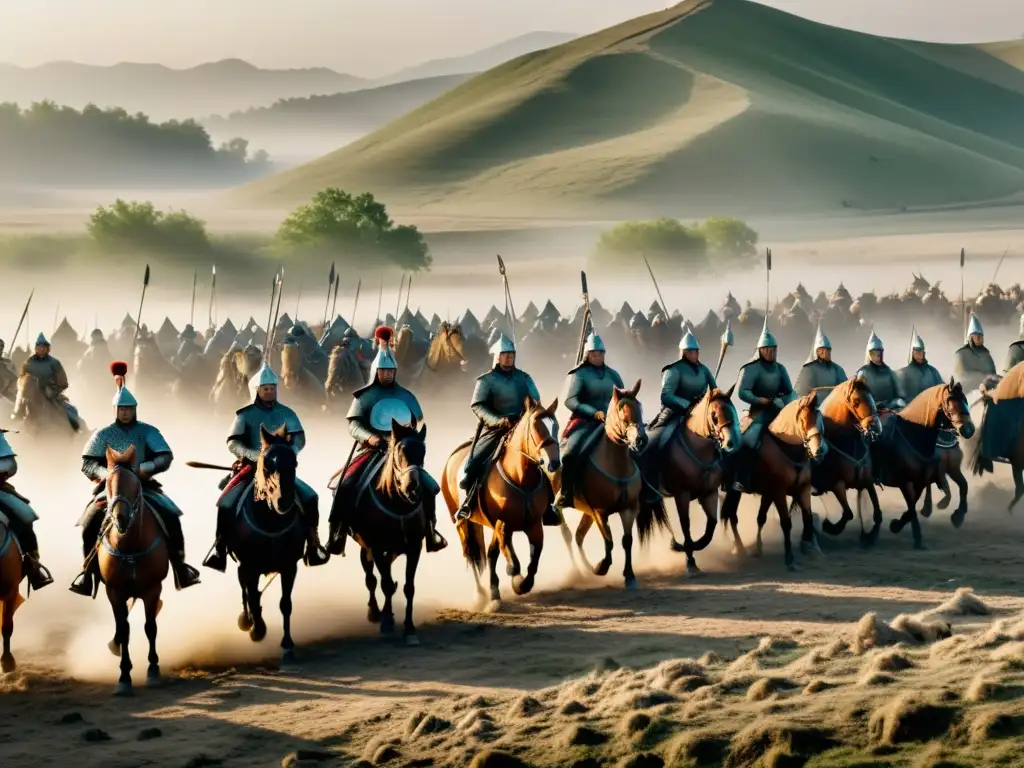 Batalla de Mohi Imperio Mongol: Detalle 8k de la batalla, con ejércitos enfrentados en un campo neblinoso y fangoso