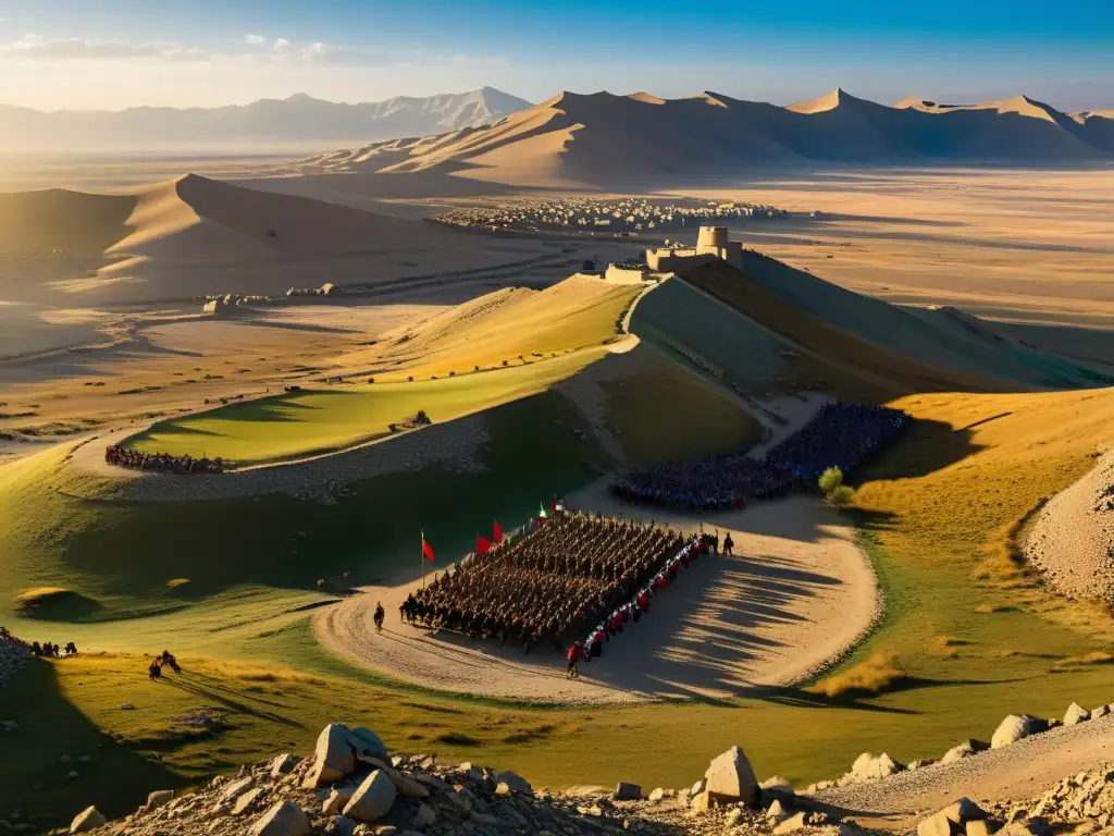 Batalla de Ain Jalut Mongol: Panorama de la feroz batalla entre mongoles y mamelucos, con el sol creando largas sombras sobre el terreno rocoso