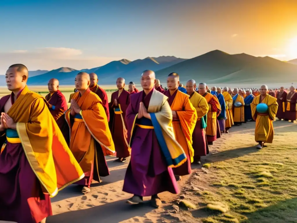 Bellas túnicas de monjes budistas en festival en Mongolia, entre banderas de oración