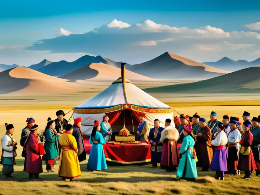 Una boda tradicional mongola en la vasta estepa, con rituales y atuendos coloridos, reflejando las alianzas matrimoniales del Imperio Mongol