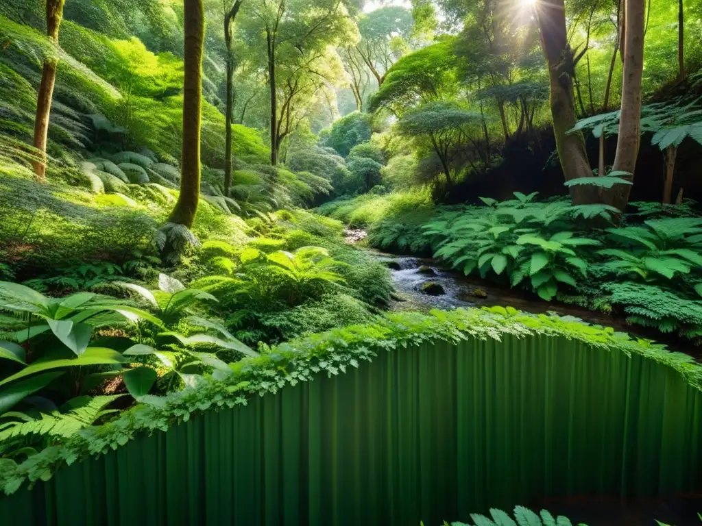 Un bosque exuberante con vida silvestre nativa en armonía, filtrando la luz solar