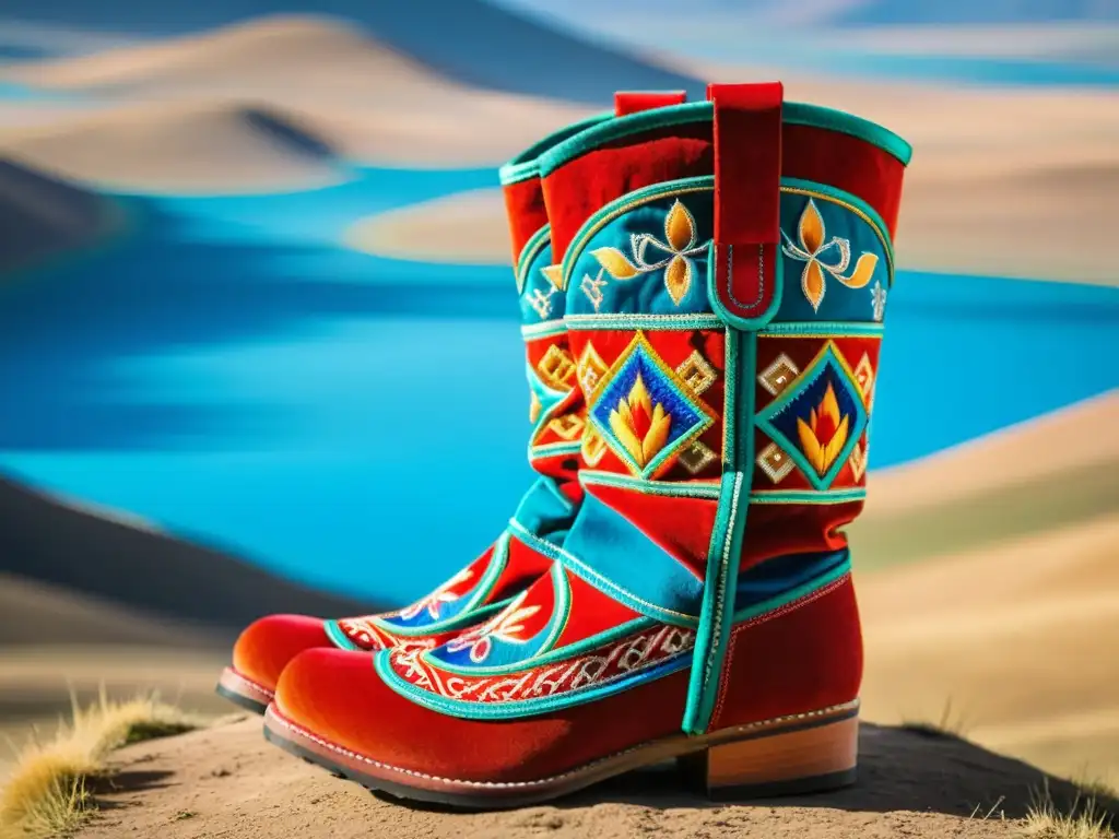 Botas mongolas tendencia moda: Detalle de botas bordadas con colores vibrantes, en el vasto paisaje de la estepa mongola