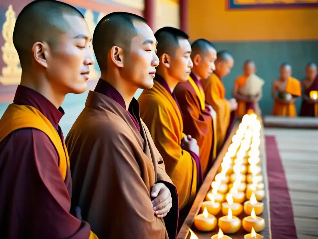 Budismo en Mongolia contemporáneo: Monjes rezando en un monasterio, iluminados por lámparas de mantequilla, con thangkas de fondo