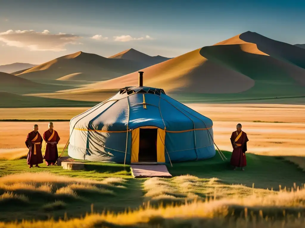 Budismo en Mongolia contemporáneo: Monjes rezando en una yurta tradicional en la vasta estepa al atardecer