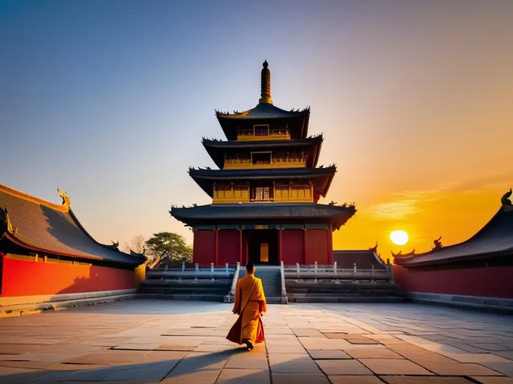 Budismo en la Dinastía Yuan: Pagoda de piedra tallada en un atardecer vibrante, iluminando monjes y el legado espiritual