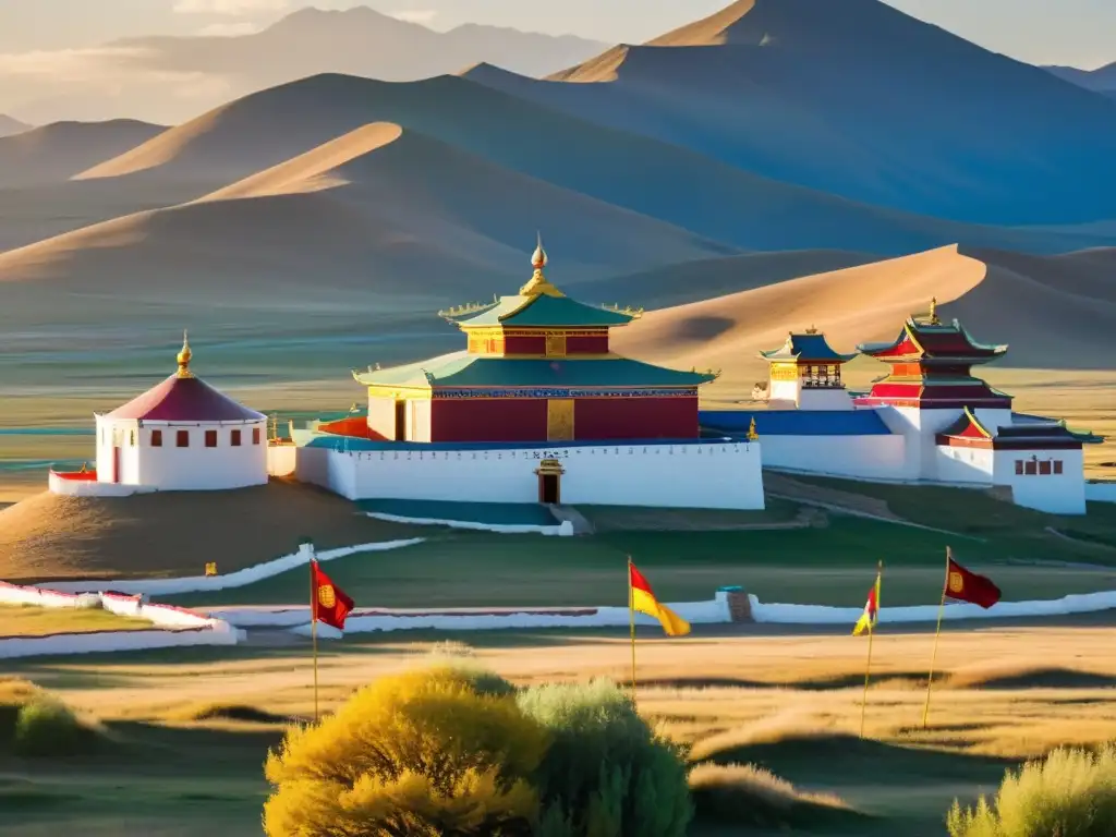 Budismo en el imperio mongol: Imagen serena y majestuosa de la arquitectura tradicional del Monasterio de Erdene Zuu en Kharkhorin, Mongolia, con monjes y paisaje vasto de fondo