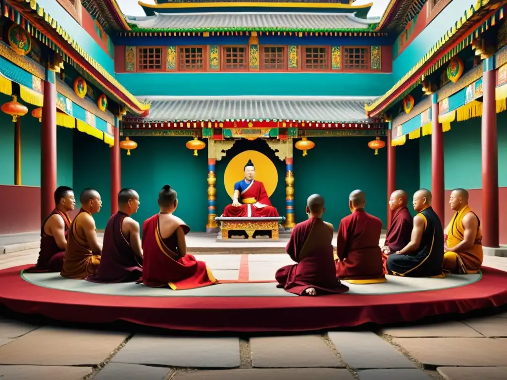 Budismo tibetano en la corte: opulencia arquitectónica y monjes realizando rituales, reflejando la fusión cultural en la era de Kublai Khan