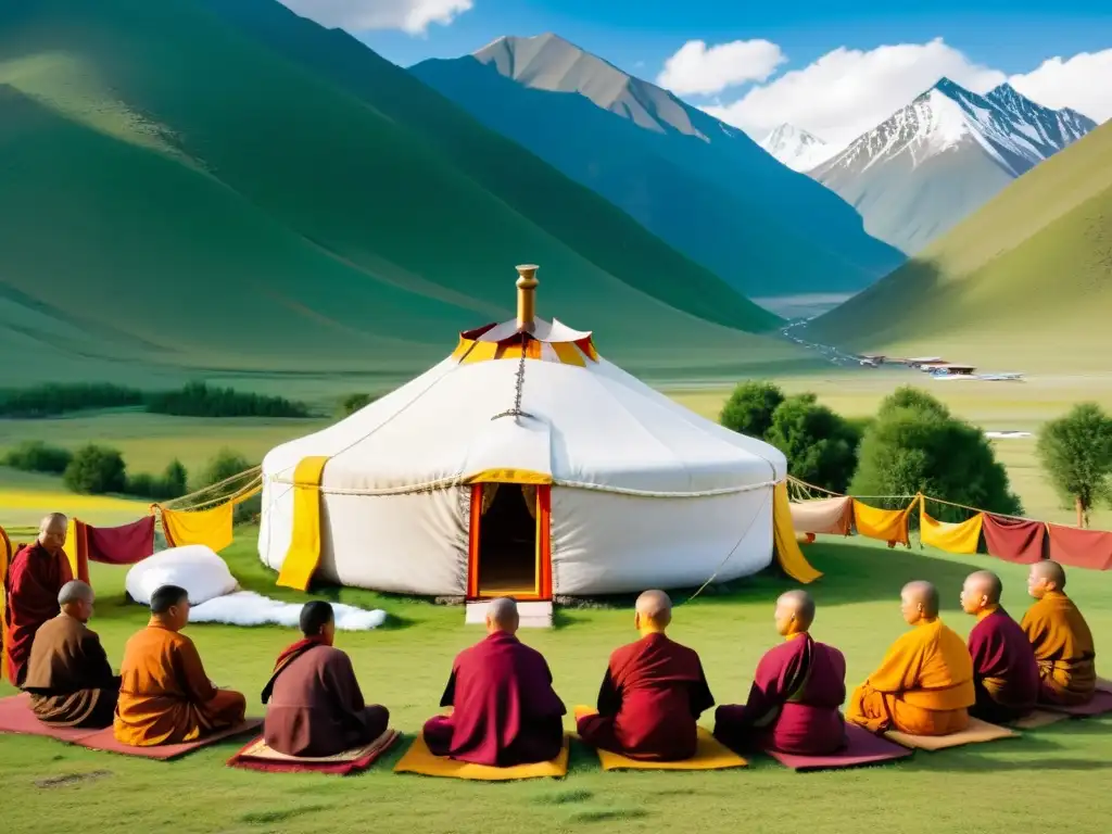 Práctica del budismo tibetano en Mongolia: Yurta tradicional, monjes meditando y banderas de oración en la serena naturaleza montañosa