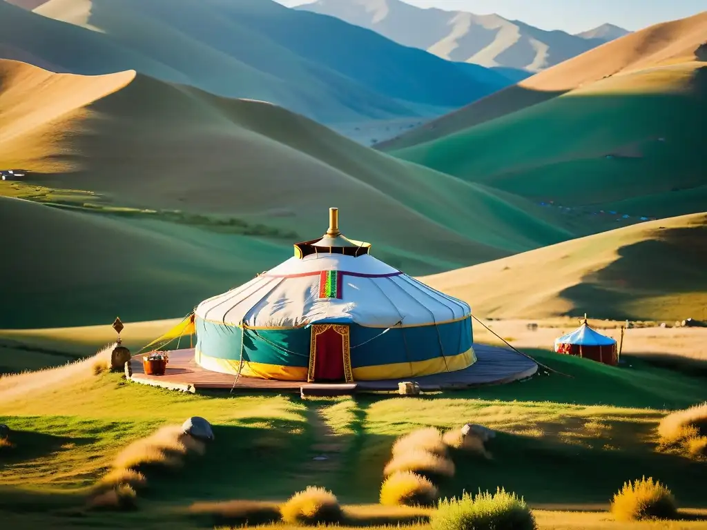 Una yurta tradicional mongola con decoración budista colorida en las colinas, evocando el resurgimiento del Budismo en Mongolia