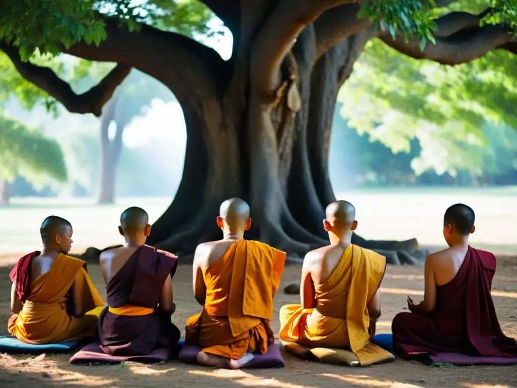 Budistas en meditación bajo un árbol en Mongolia, reflejando la serenidad de la vida monástica y la devoción budista