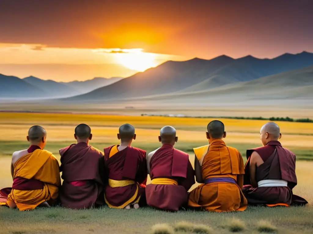 Budistas en meditación en la estepa de Mongolia al atardecer, evocando la vida monástica Mongolia budismo con serenidad espiritual