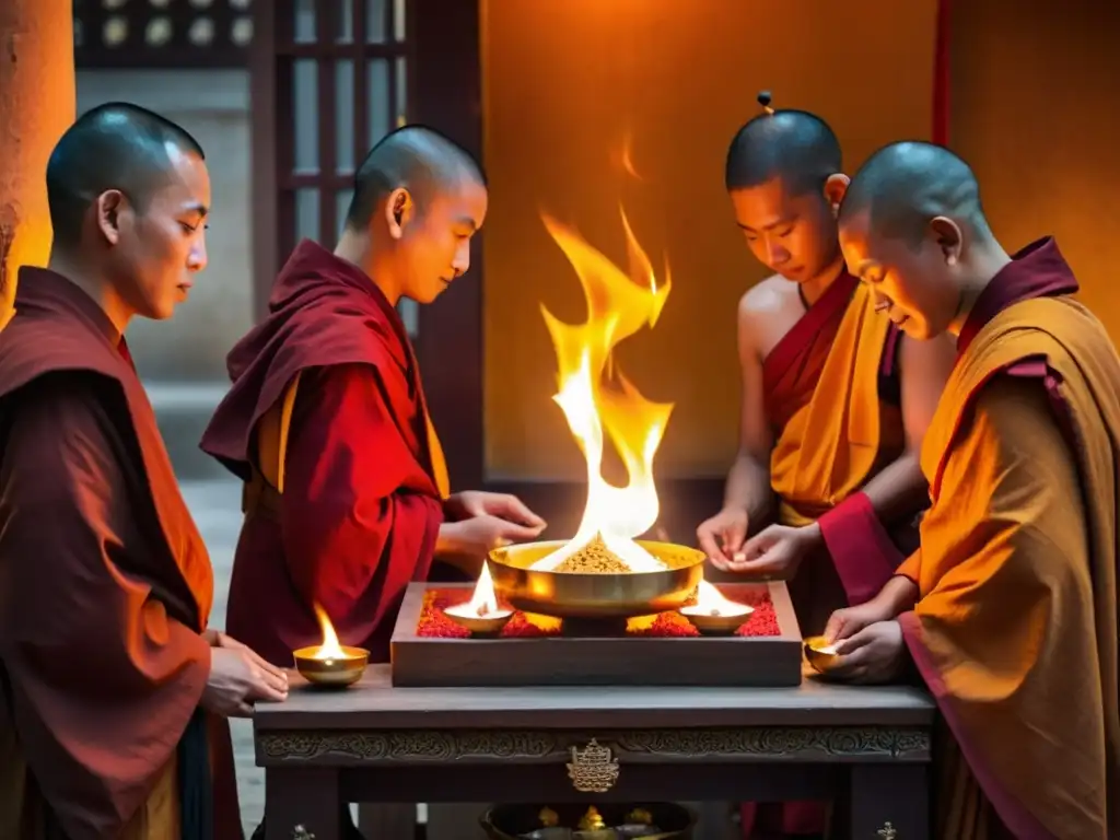 Budistas en Mongolia durante comunismo: Monjes en ritual alrededor de altar en templo iluminado por lámparas de mantequilla