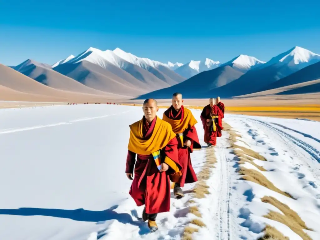 Budistas en Mongolia durante comunismo: monjes en paisaje nevado con montañas y cielo azul, transmitiendo paz y determinación