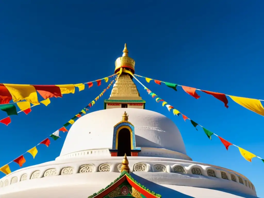 Esplendoroso Stupa Blanco de Genghis Khan Estupa blanca de Genghis Khan, símbolos budistas y peregrinos en un escenario majestuoso bajo el cielo azul