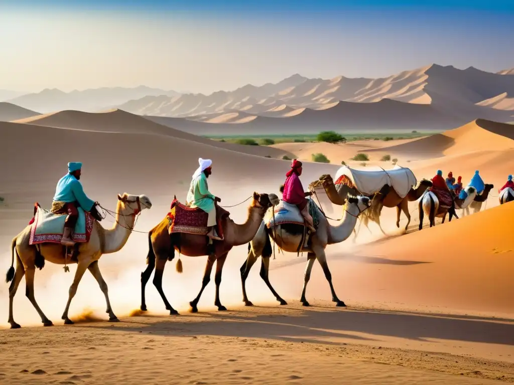 Una bulliciosa ruta comercial del Imperio Mongol, con una caravana de camellos cargados de bienes, serpenteando por un vasto y árido paisaje desértico