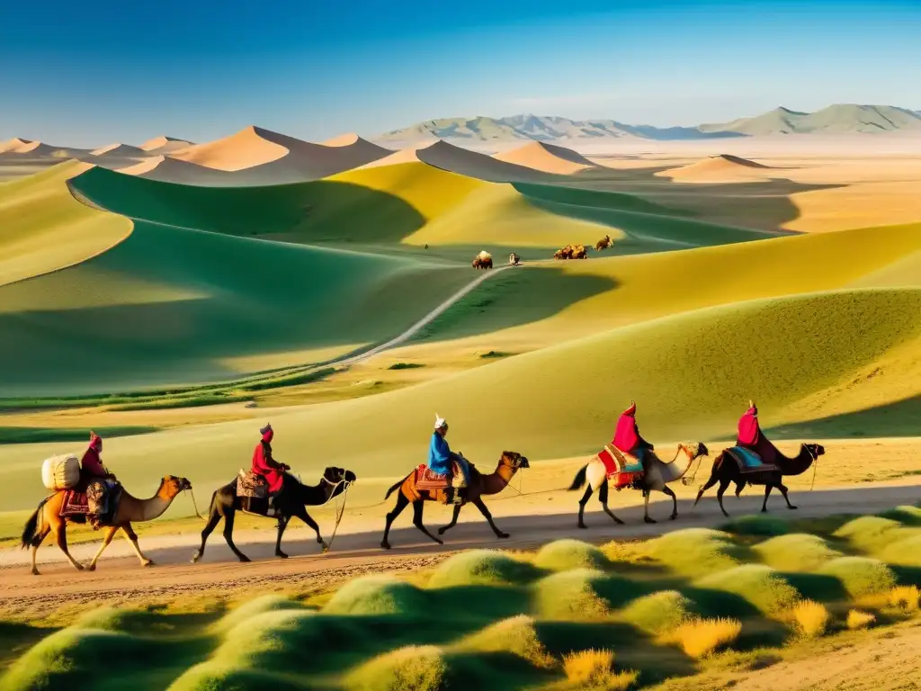 Un bullicioso comercio en la estepa mongola, con una caravana de mercaderes y camellos, reflejando la influencia lingüística del comercio mongol