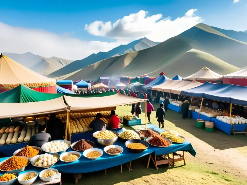 Un bullicioso mercado al aire libre en Mongolia, con vendedores ofreciendo una colorida variedad de alimentos y especias tradicionales