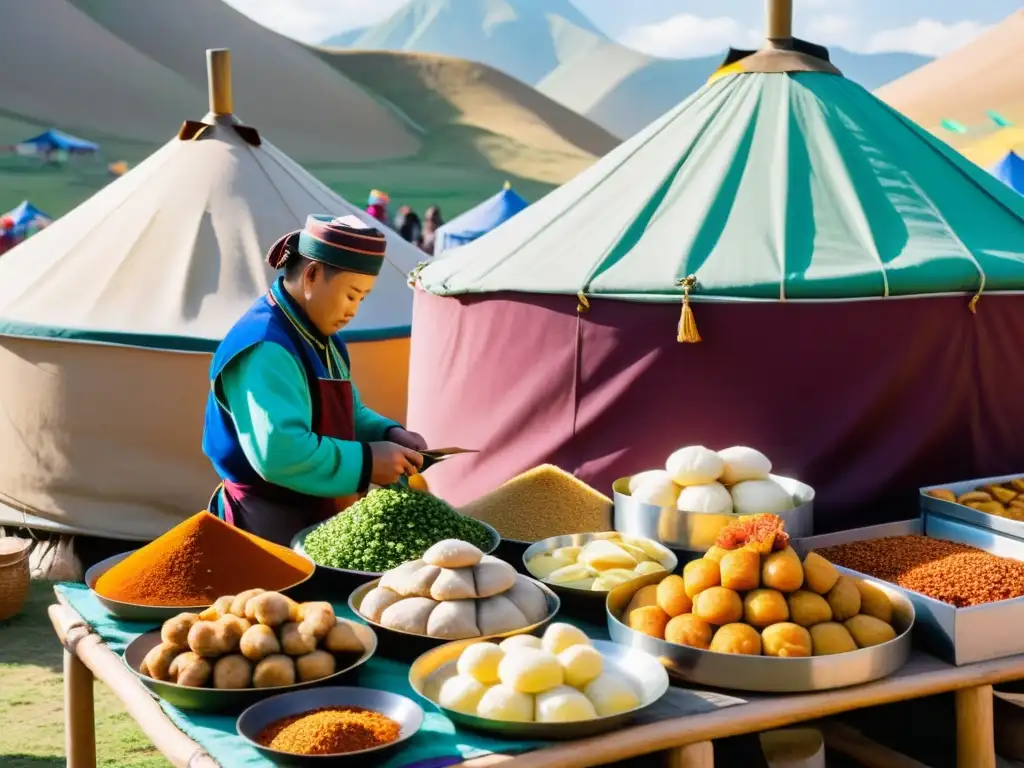 Un bullicioso mercado al aire libre en Asia, con vendedores ofreciendo una colorida variedad de platos tradicionales mongoles como buuz y khuushuur