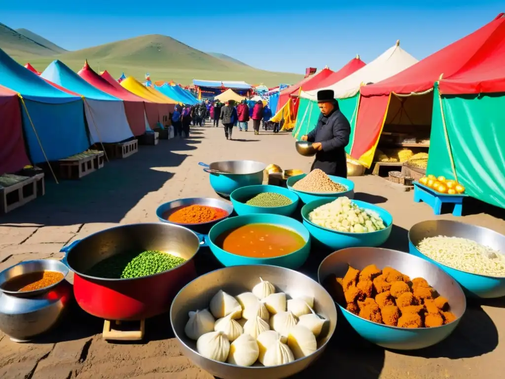 Un bullicioso mercado al aire libre en Mongolia, con puestos de comida tradicional y especias