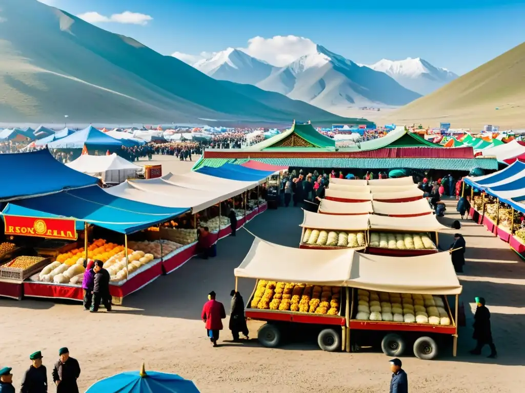 Un bullicioso mercado al aire libre en Mongolia moderna, con puestos de coloridas comidas tradicionales mongolas