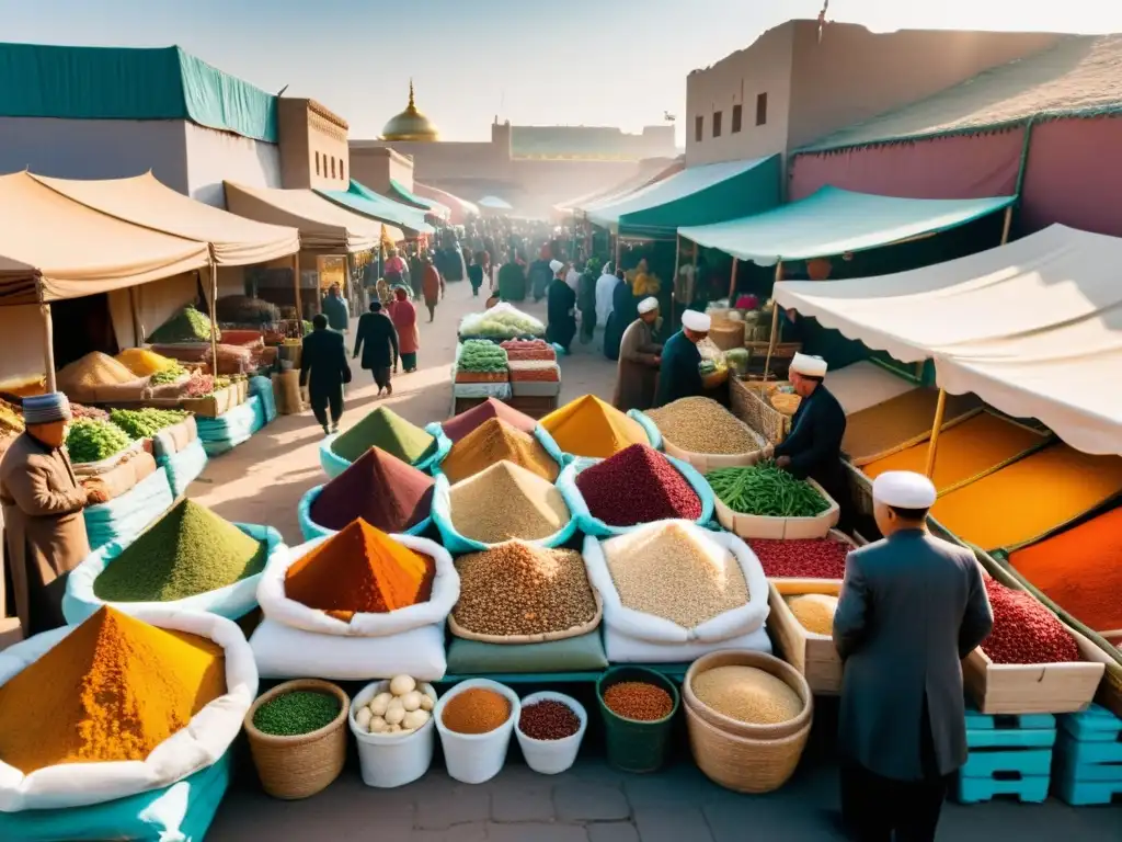 Un bullicioso mercado al aire libre en Medio Oriente ofrece una vibrante variedad de especias, frutas y verduras