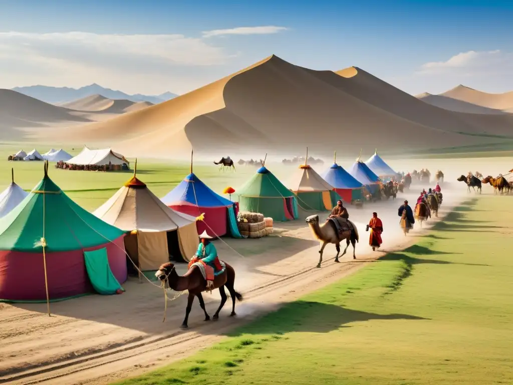 Un bullicioso mercado en la antigua Mongolia, con comerciantes de diferentes culturas intercambiando bienes y conversaciones animadas