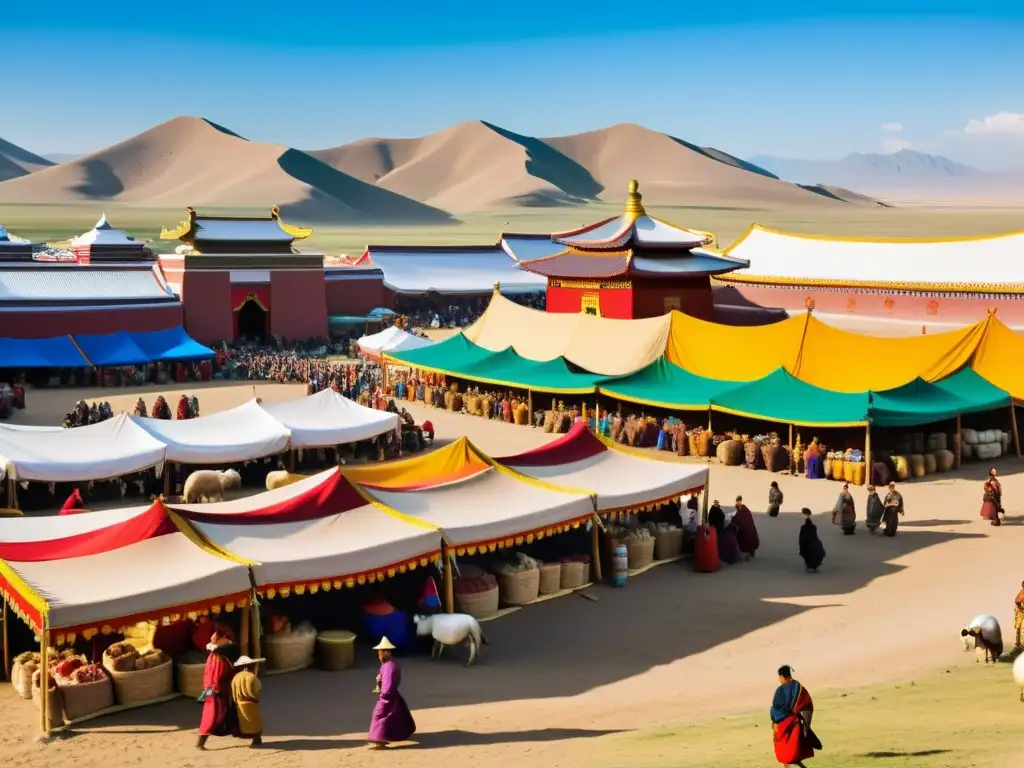 Un bullicioso mercado en la antigua Mongolia, con intercambios culturales en Asia mongola, lleno de colores, aromas y diversidad cultural