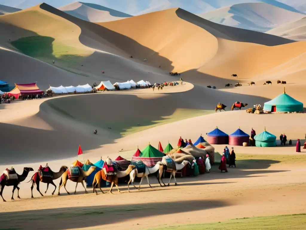 Un bullicioso mercado en la antigua Mongolia a lo largo de la legendaria Ruta de la Seda, exhibiendo comercio y difusión del budismo