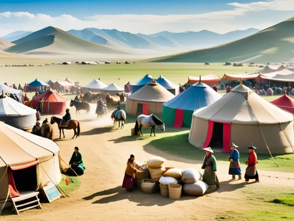 Mercado bullicioso en la antigua Mongolia: intercambio cultural y económico con monedas extranjeras En un bullicioso mercado de la antigua Mongolia, comerciantes de diversas culturas intercambian bienes y utilizan moneda extranjera en comercio mongol