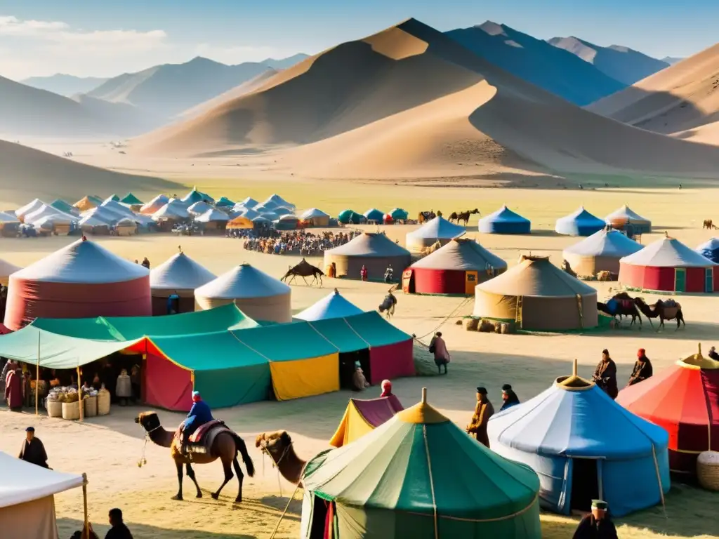 Un bullicioso mercado en la antigua Mongolia, repleto de comerciantes vendiendo sedas coloridas, especias y metales preciosos