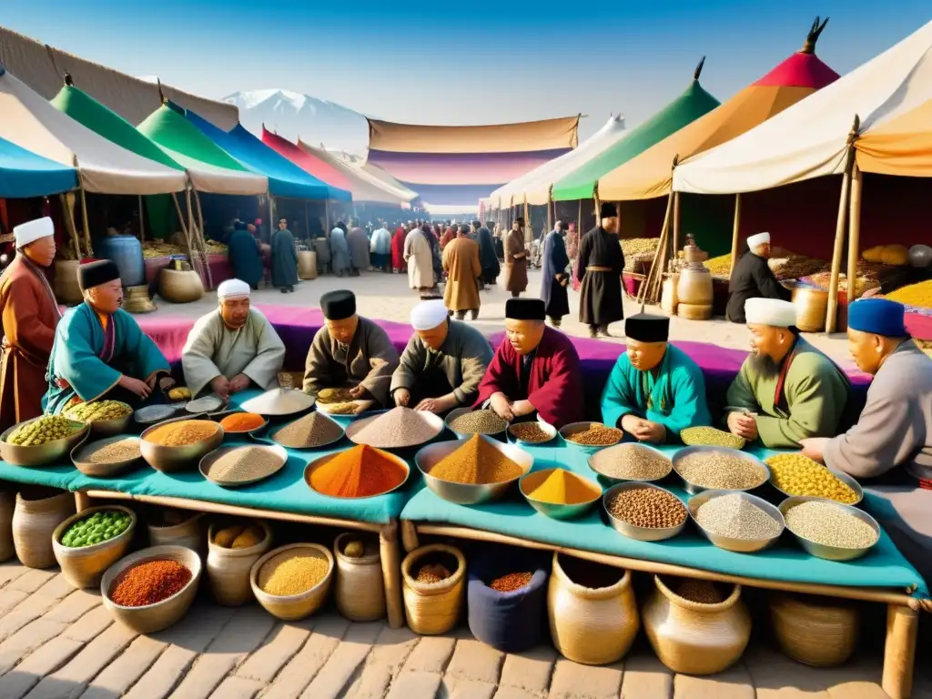 Mercado Mongol: Intercambio de Divisas en Vivo En el bullicioso mercado antiguo mongol, los comerciantes negocian con moneda extranjera en un ambiente vibrante y colorido