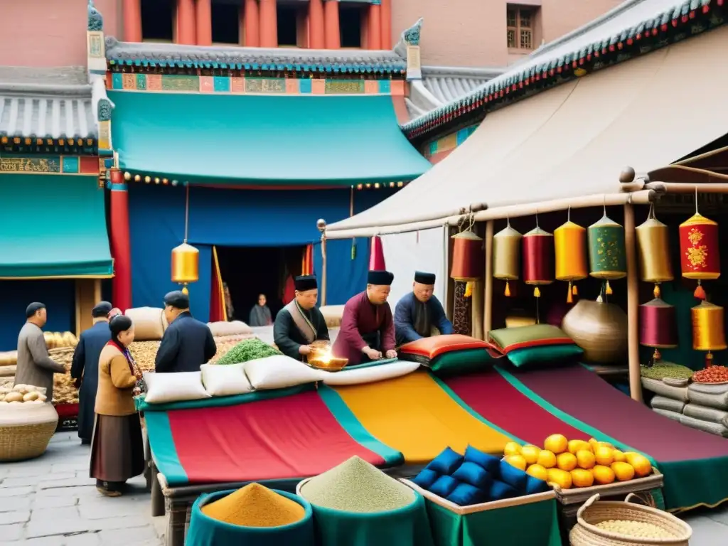 Un bullicioso mercado en una ciudad histórica, reflejando influencias culturales conquistadores mongoles