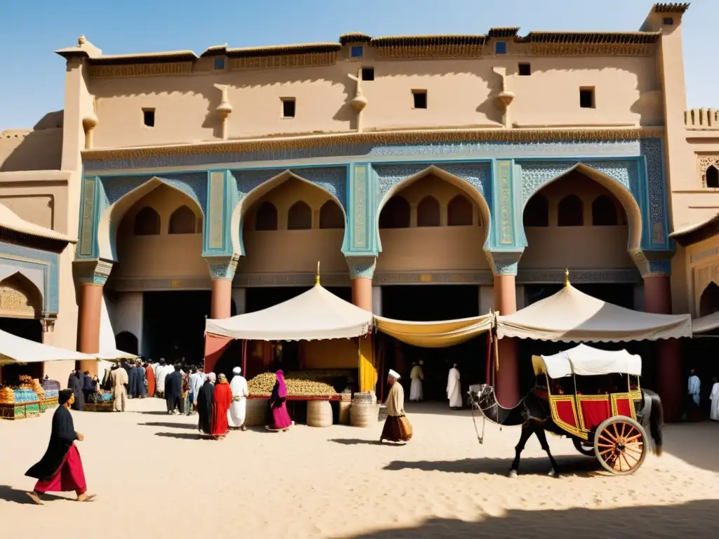 Un bullicioso mercado en una ciudad histórica de la Ruta de la Seda durante el Imperio Mongol, reflejando el vibrante comercio multicultural