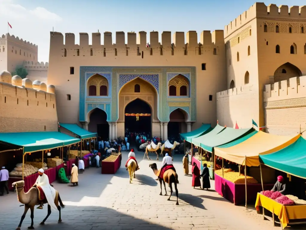 Un bullicioso mercado en una ciudad medieval de la Ruta de la Seda, reflejando el intercambio cultural y comercial