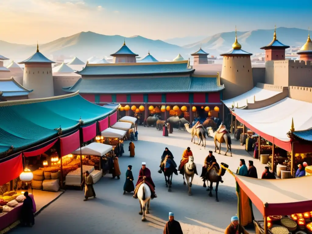 Un bullicioso mercado en una ciudad medieval, con comerciantes de diversas culturas regateando seda, especias y metales preciosos