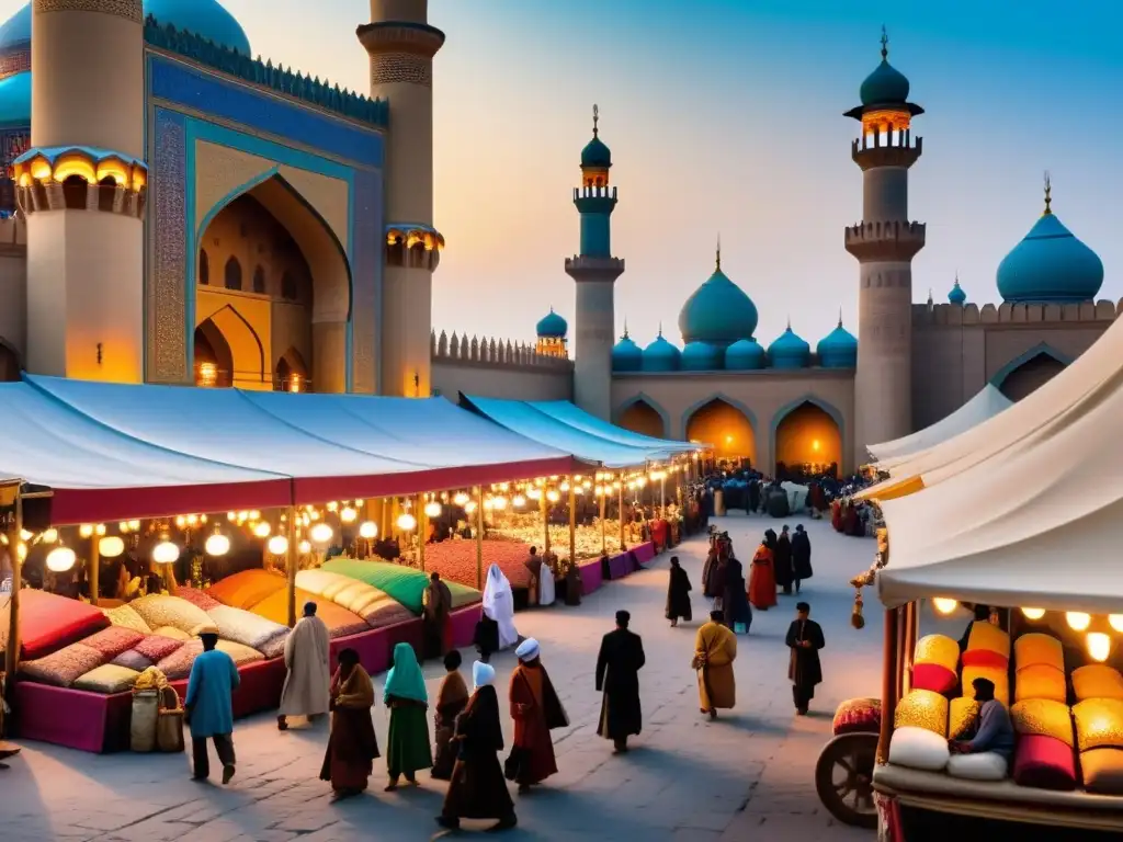 Un bullicioso mercado en una ciudad medieval de la Ruta de la Seda, con comerciantes vendiendo telas coloridas, especias y productos exóticos de todo el mundo