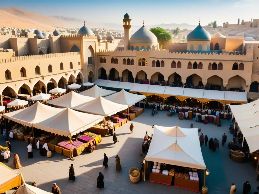 En el bullicioso mercado de una ciudad medieval del Medio Oriente, se observa la diversidad cultural y la riqueza económica al final del Ilkanato