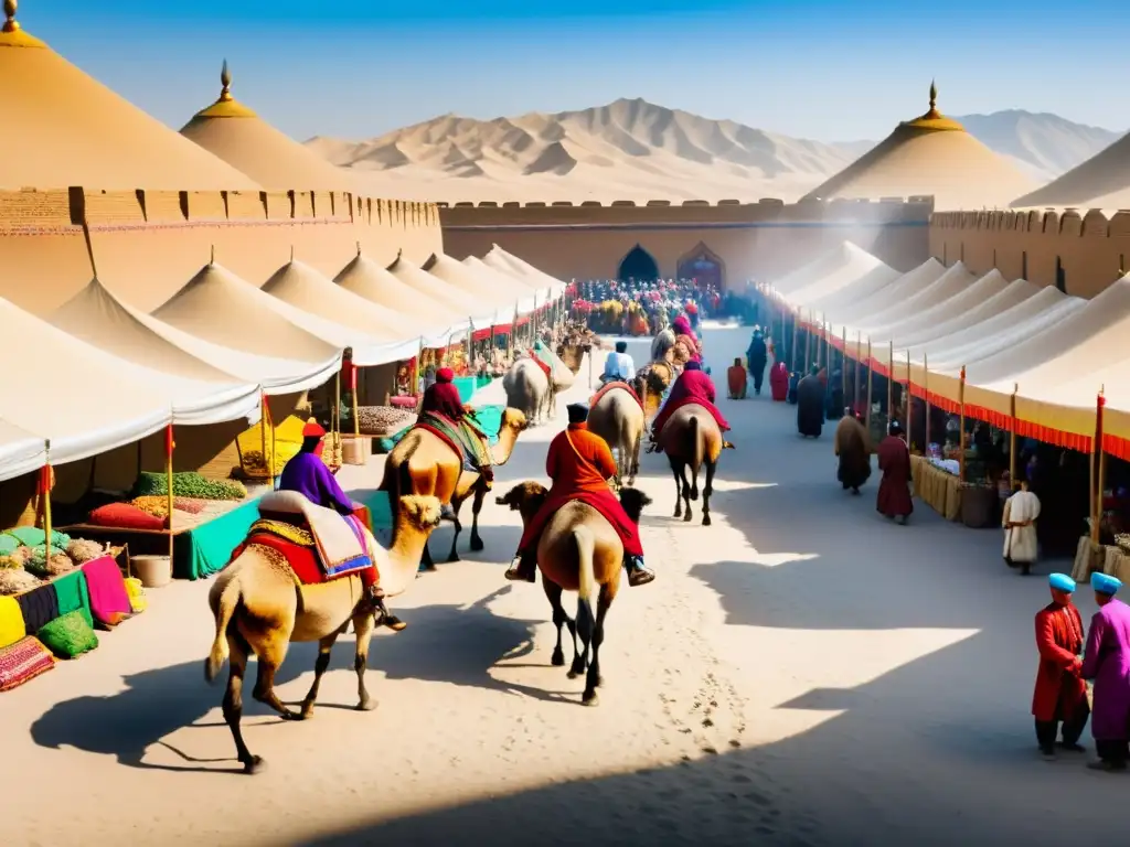 Un bullicioso mercado en una ciudad vibrante de la Ruta de la Seda durante el Imperio Mongol