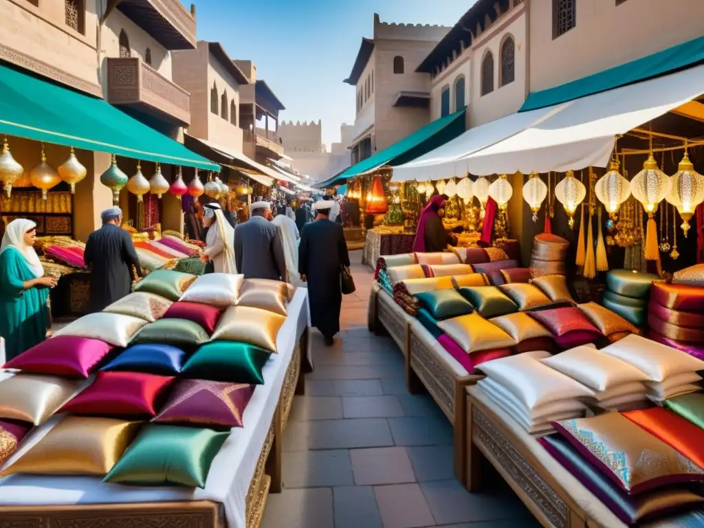 Un bullicioso mercado del Medio Oriente con comerciantes vendiendo coloridos rollos de seda, prendas intrincadas y textiles brillantes