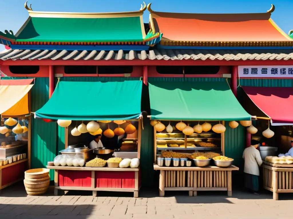 Un bullicioso mercado de comida en Mongolia con platos tradicionales como buuz, khuushuur y tsuivan