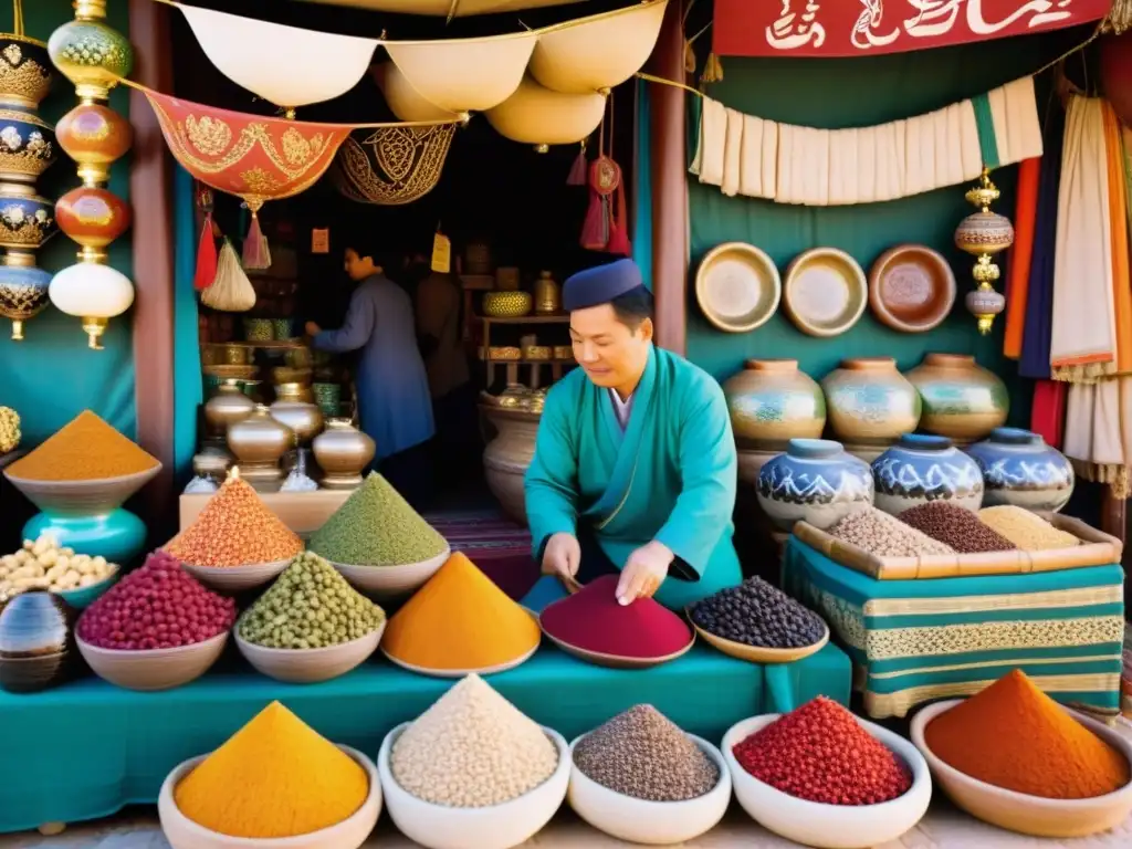 Un bullicioso mercado en el corazón del Ilkanato, muestra la erudición en el Medio Oriente Mongol con colores vibrantes y diversidad cultural